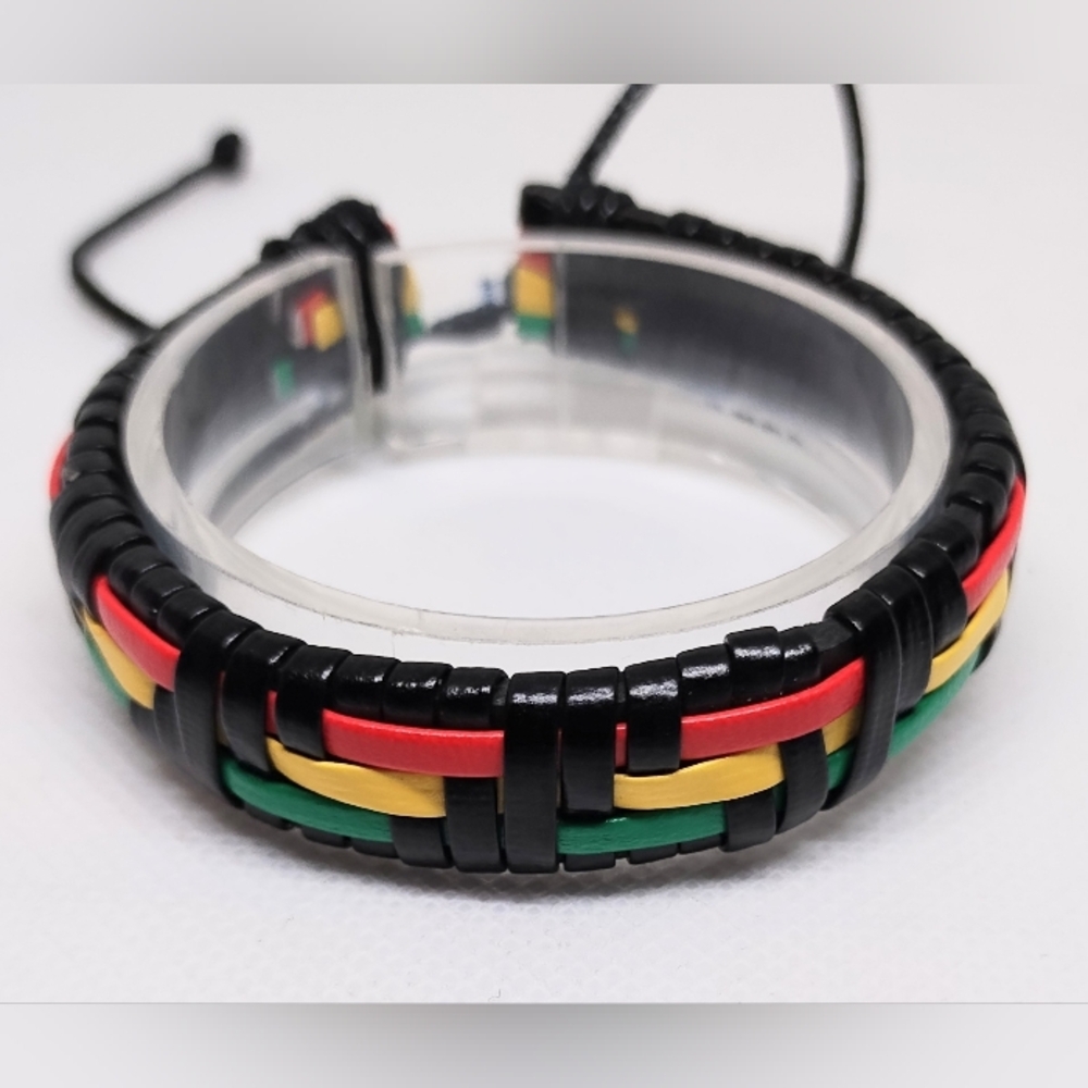 Men's Bracelet Leather Braided Black Rainbow New f69